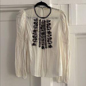 Ulla Johnson Cream Blouse with Black Embroidery